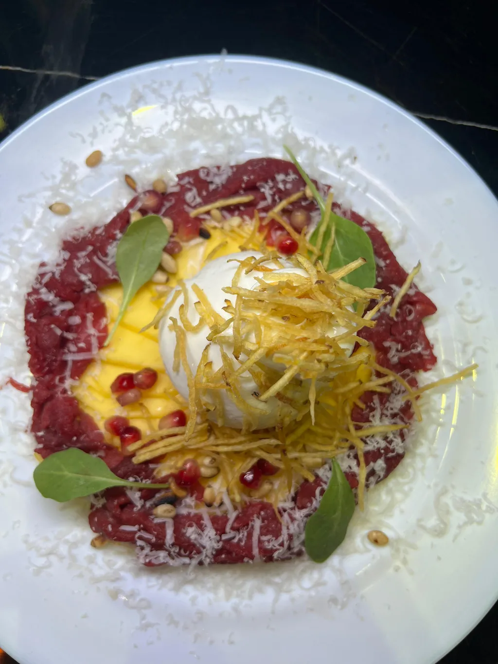 Carpaccio de mangue et fillet pur& burrata