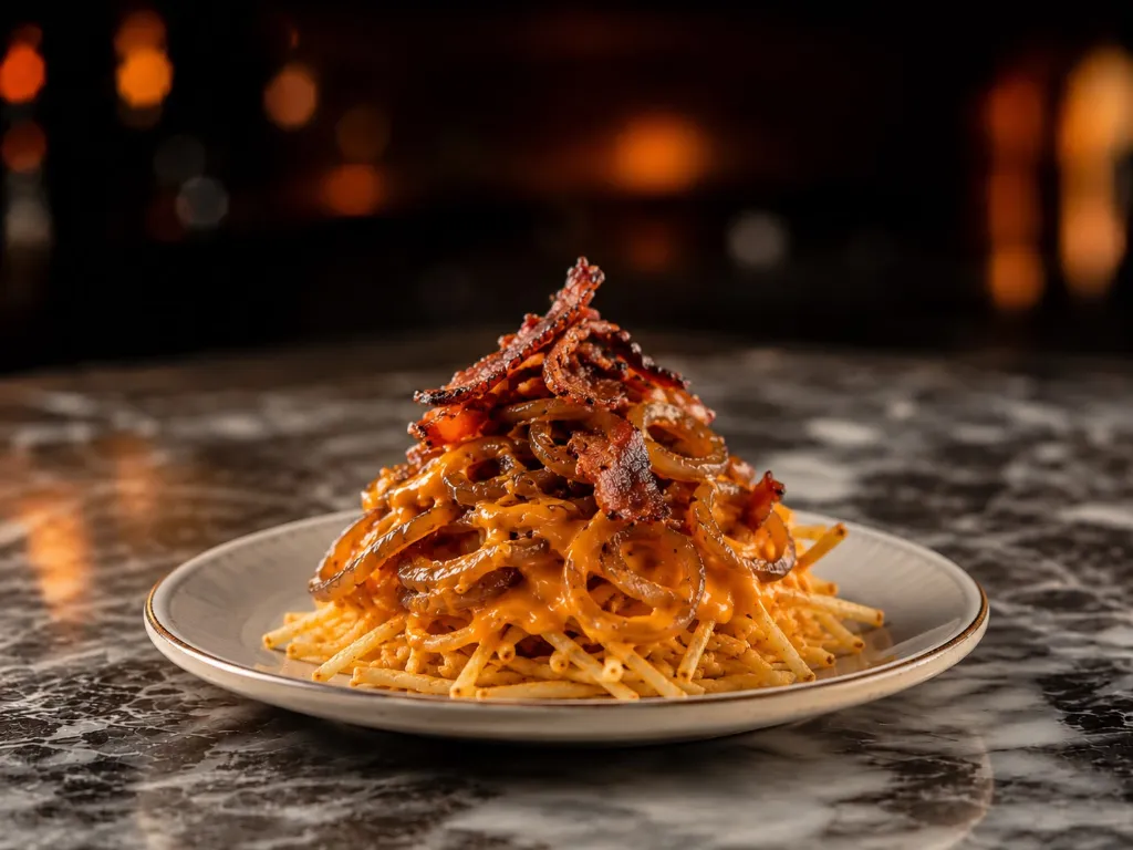 pomme paille sauce cheddar oignons confits et émincé de bœuf Black Angus crispy