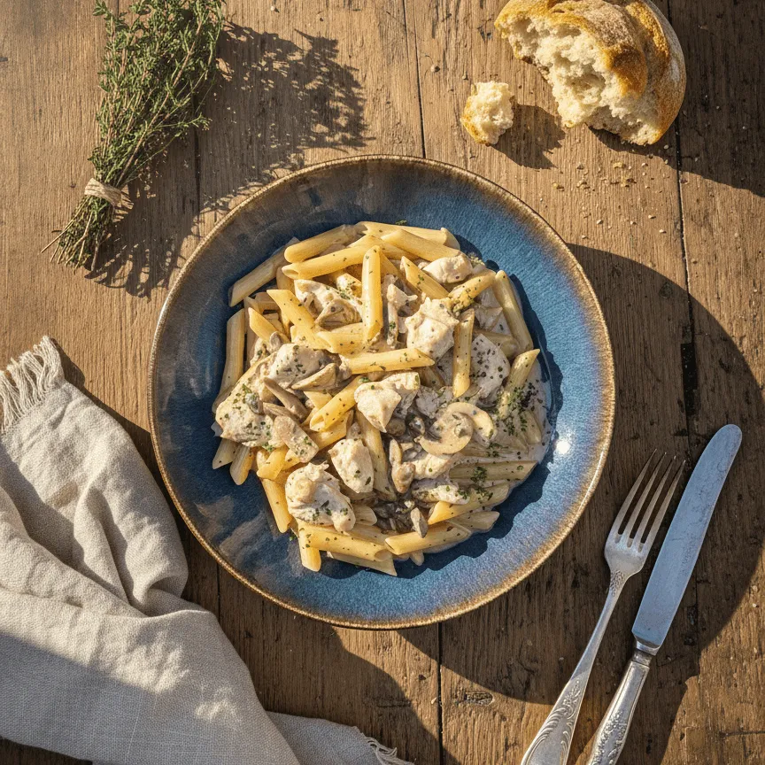 Penne poulet champignons
