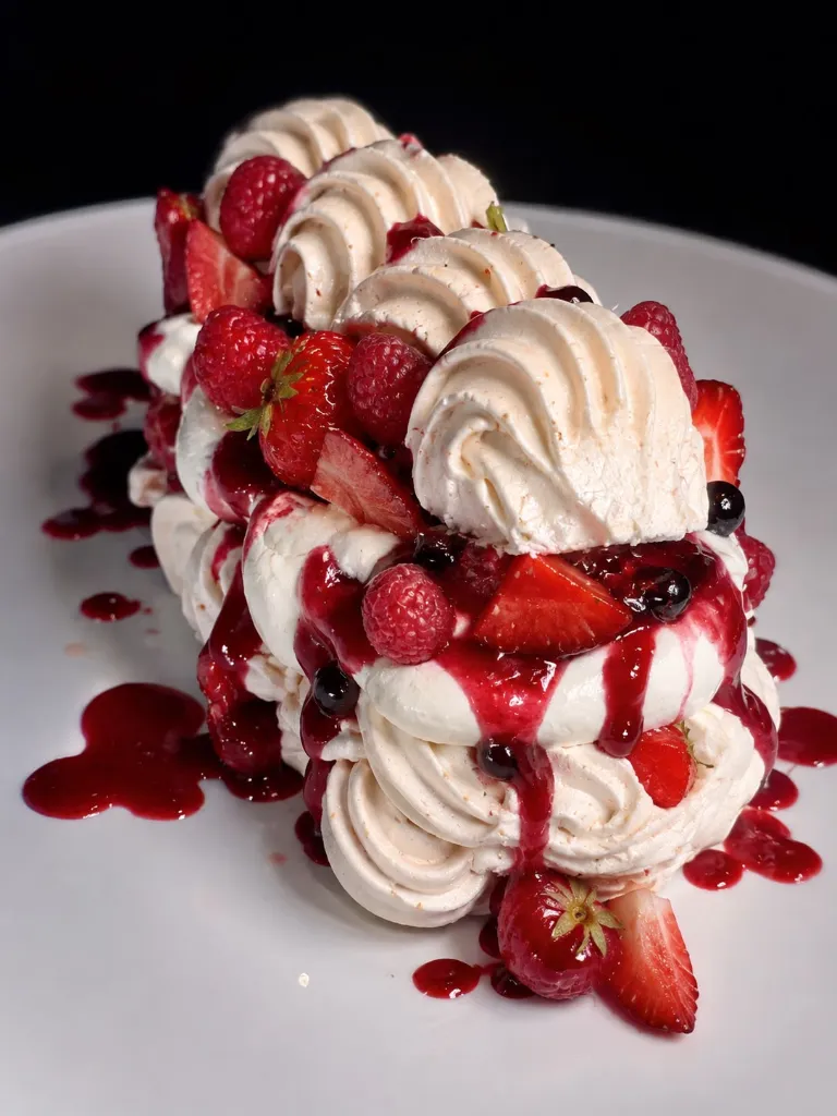 Pavlova aux fruits rouges et coulis de fruits rouges et crème chantilly