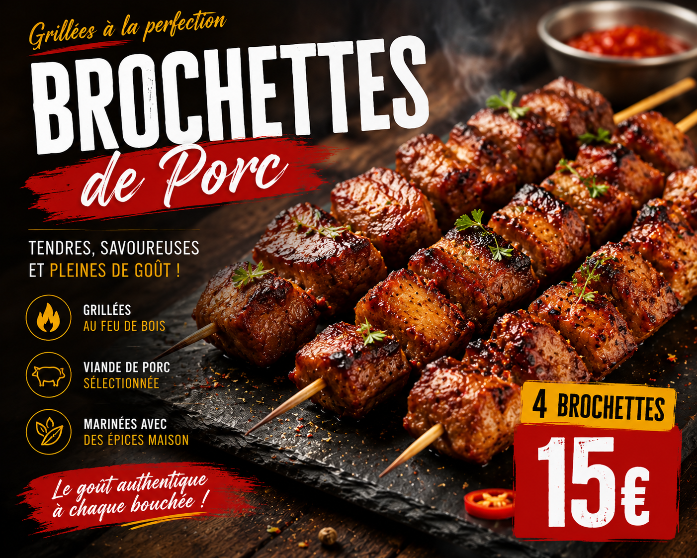 Brochettes de porc ( 4 brochettes )