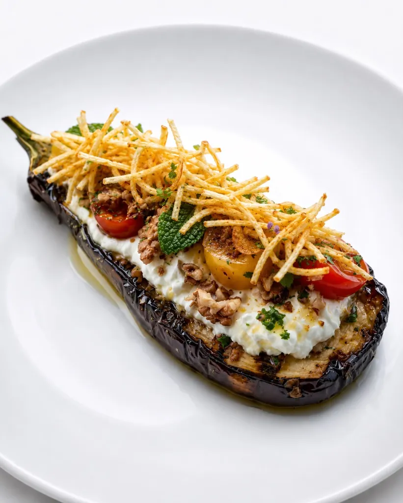 Aubergine rôtie stracciatella pesto chips de pomme de terre et noix