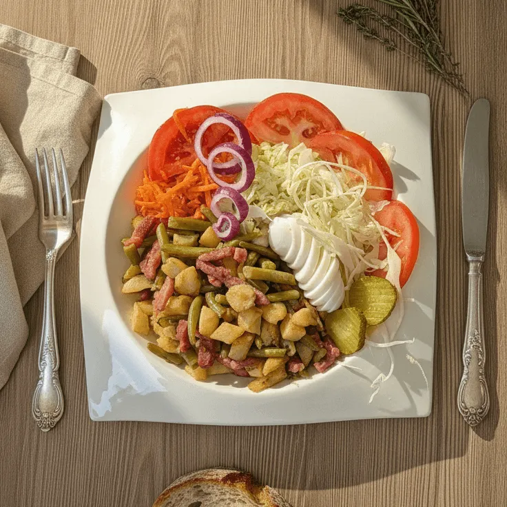 Salade Liégeoise:PDT-lardons-crudités-haricots