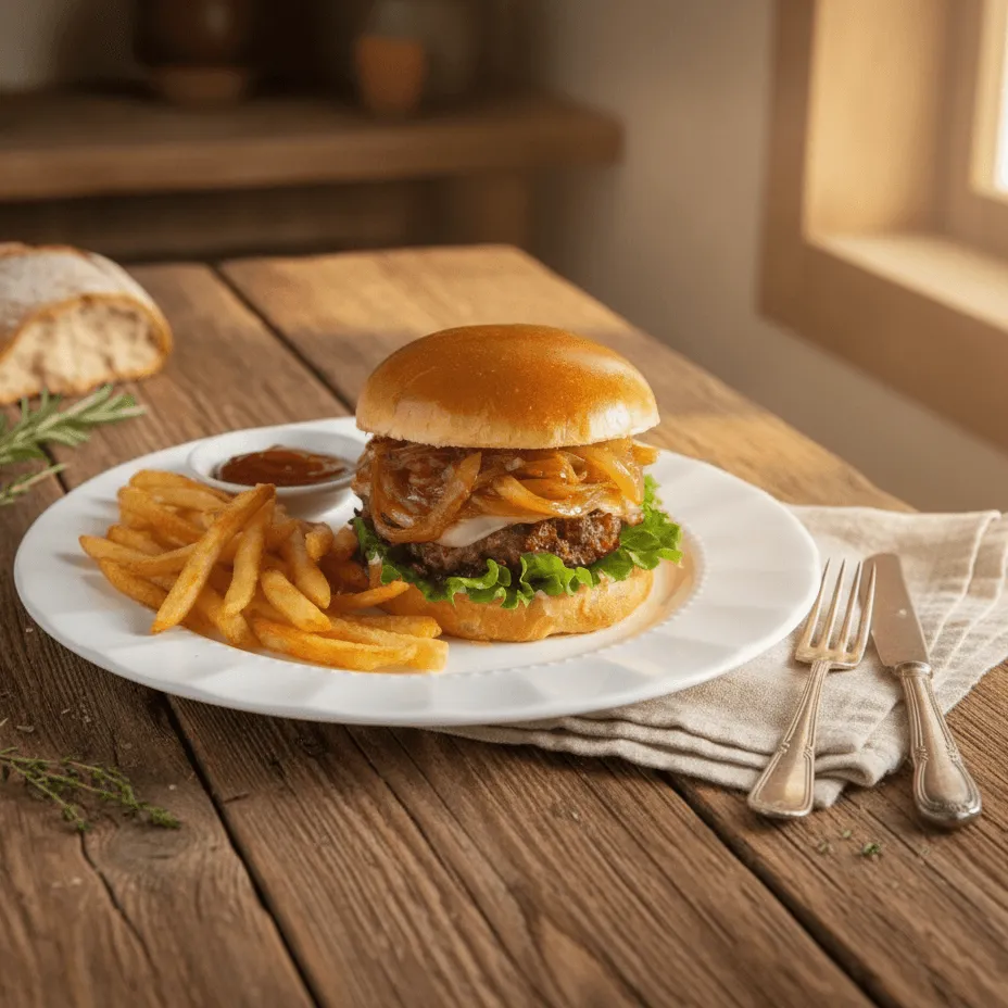 Menu Beef Burger maison + frites + crudités + sauce