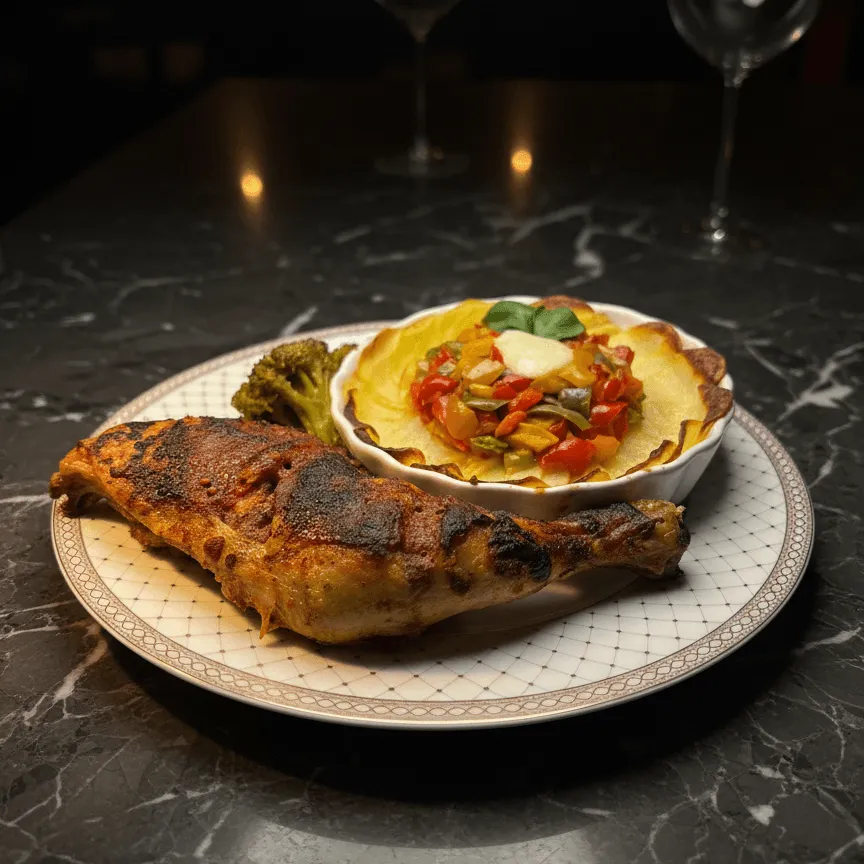 Poulet entier et patates aux légumes