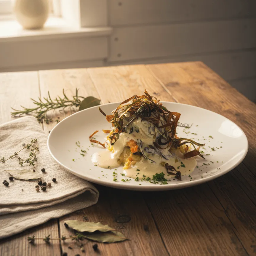 pave de saumon roti, lit de poireaux et purée maison