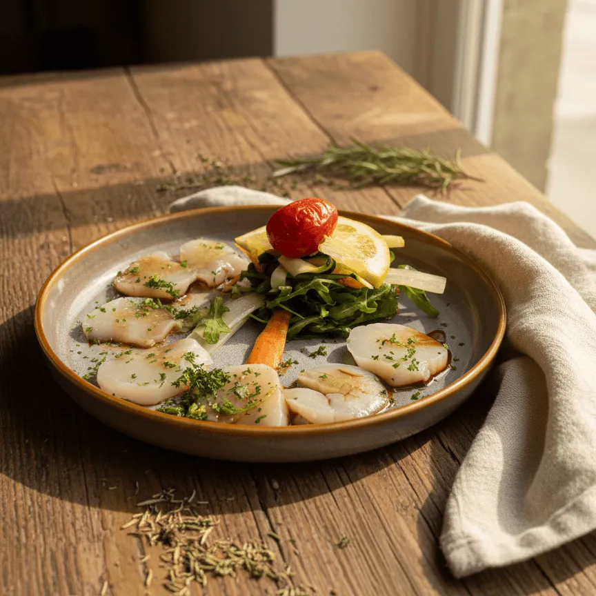 Carpaccio de St-jacques, légumes façon asiatique.