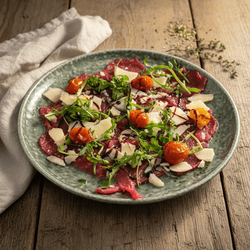 Carpaccio de bœuf, roquettes, parmesan et vinaigre balsamique.